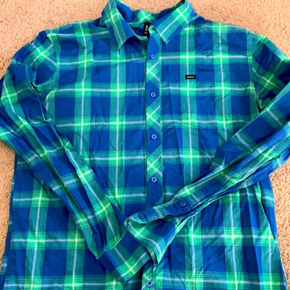 RVCA Men's Vibrant Blue and Green Checkered Shirt